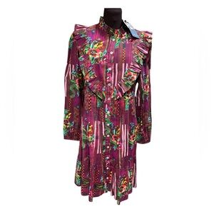 Ro’s Garden Women’s Roma Campeche Ruffle Floral Long Sleeve Dress Cotton Size M